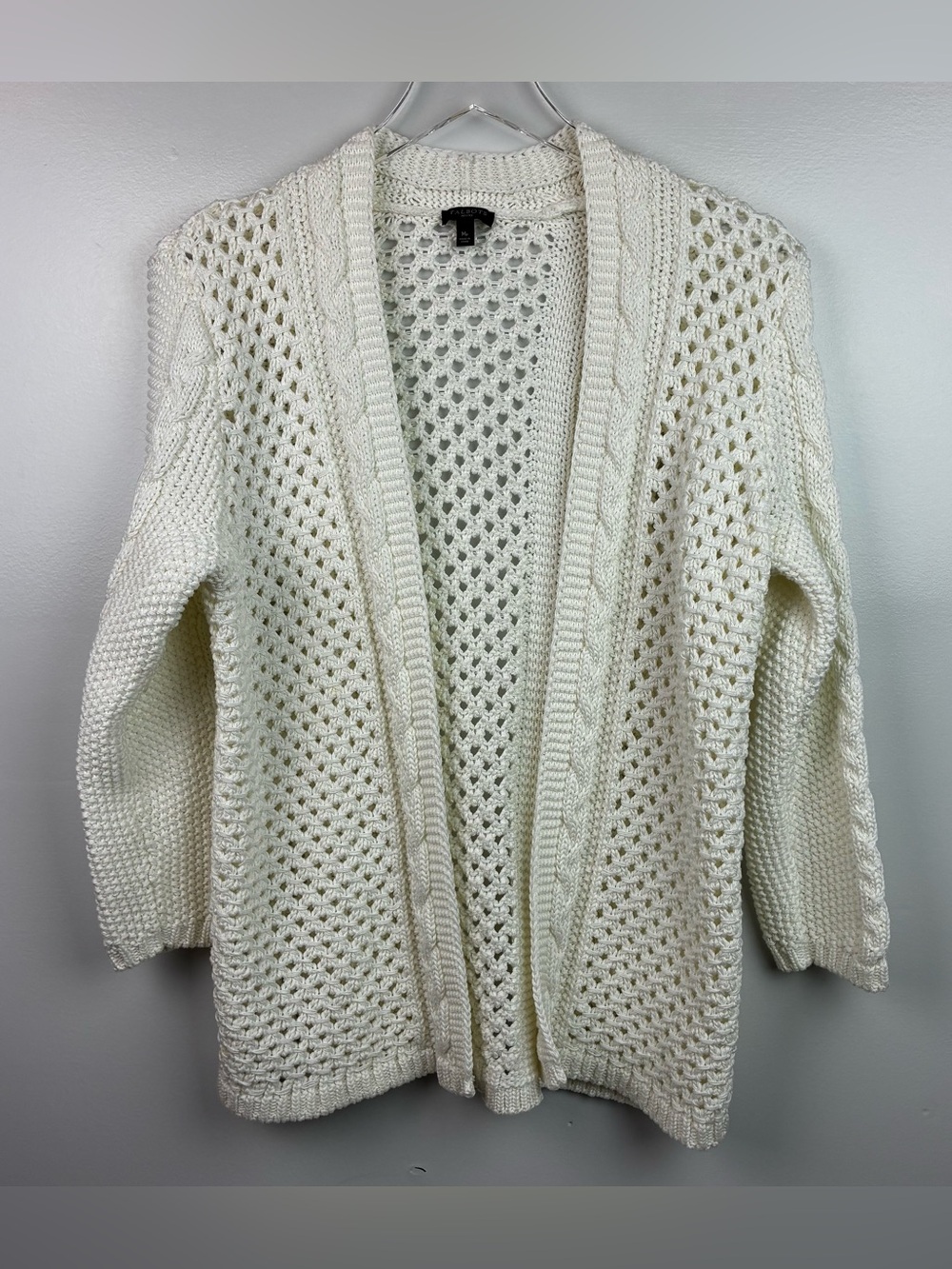 Talbots White Open Front Cable Knit Cotton Cardigan Sweater